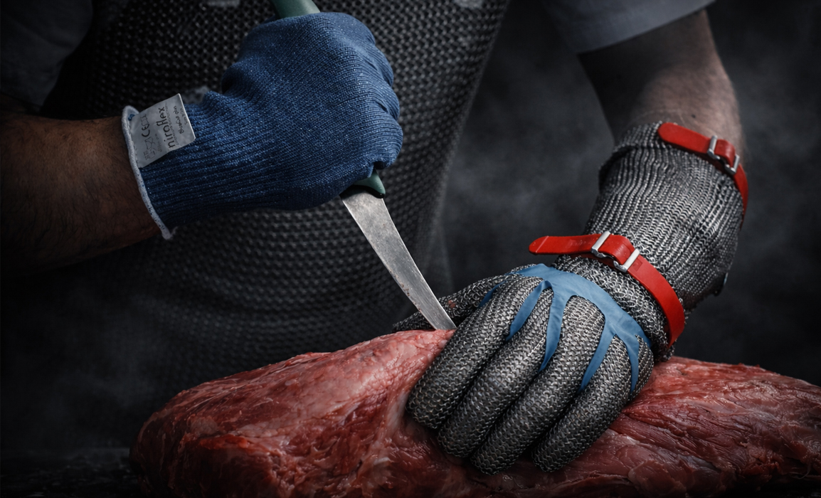Stechschutzhandschuh aus Edelstahl-Ringgeflecht beim Schneiden von Fleisch – schützt Hände in Hochrisikobereichen