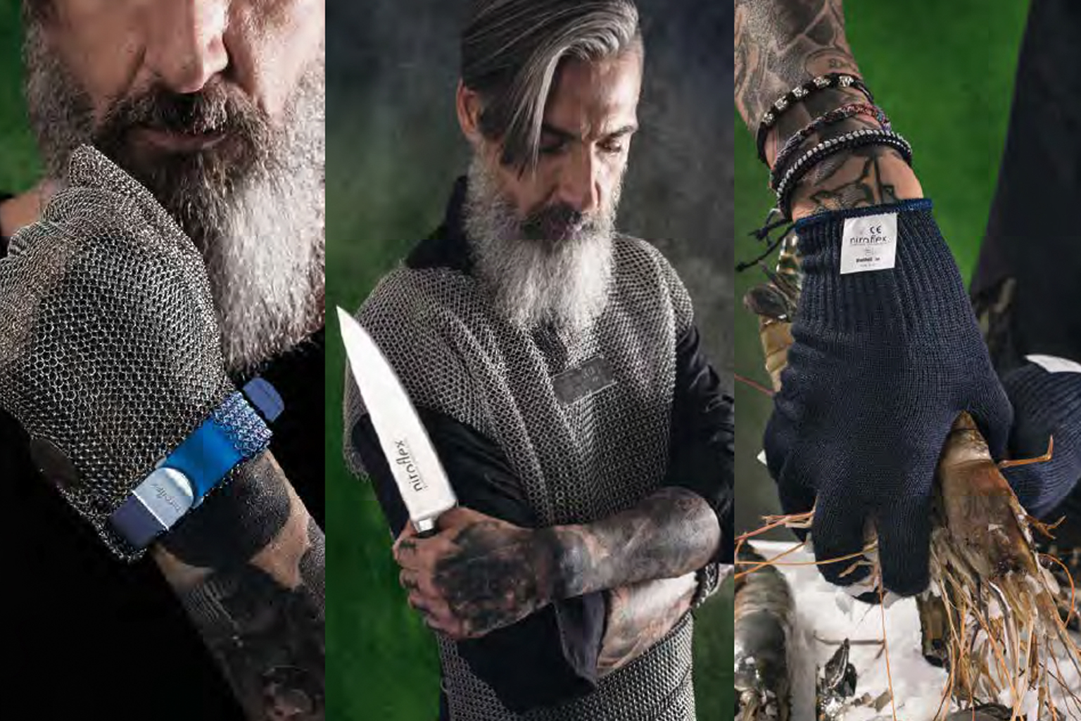 Vergleich von niroflex Ringgeflecht-Handschuhen und textilem Schnittschutzhandschuh für unterschiedliche Anwendungen in Lebensmittelverarbeitung, Zerlegebetrieb und Großküche.