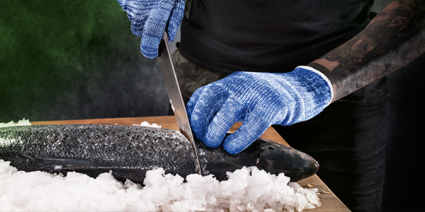 niroflex BlueCut ice: schnittfeste Handschuhe beim Filetieren von Fisch auf Eis